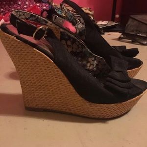 Black peep toe wedges